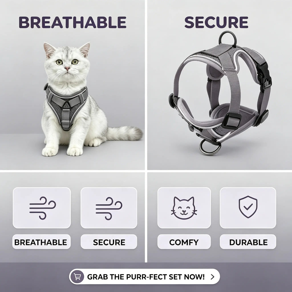 Escape-Proof Cat Harness and Leash Set - Adjustable Size with Breathable Materials, Reflective Strip, and Soft Mesh Vest for Safe Walking - Includes Summer Version