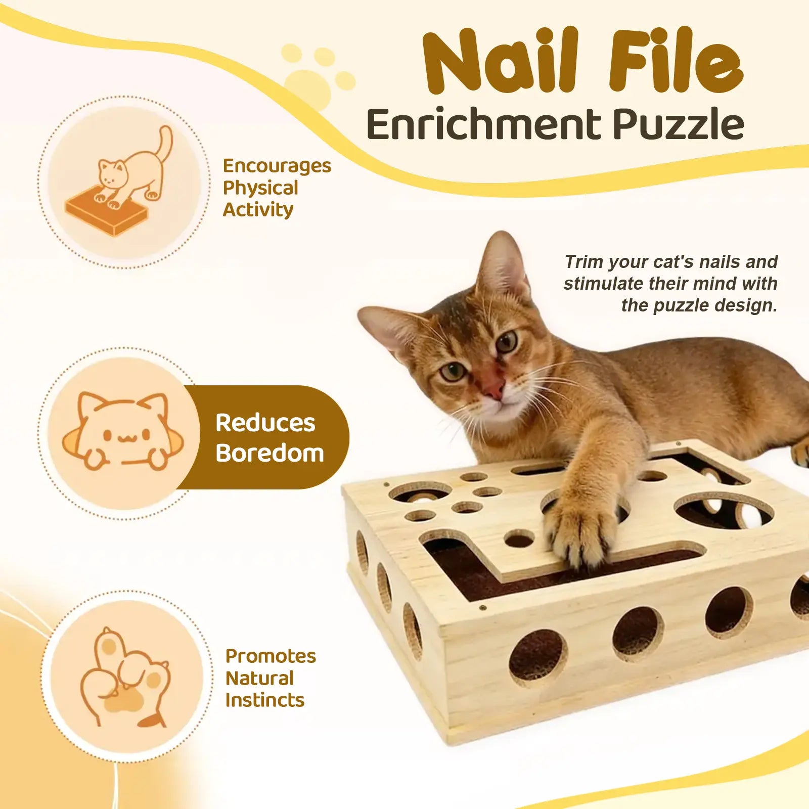 Cat Nail File Box Made from 100% Genuine Oak Wood - A Gentle Solution for Cats Anxious About Nail Clippers and Electric Grinders, Durable Furniture Protector and Engaging Enrichment Toy for Indoor and Multi-Cat Households