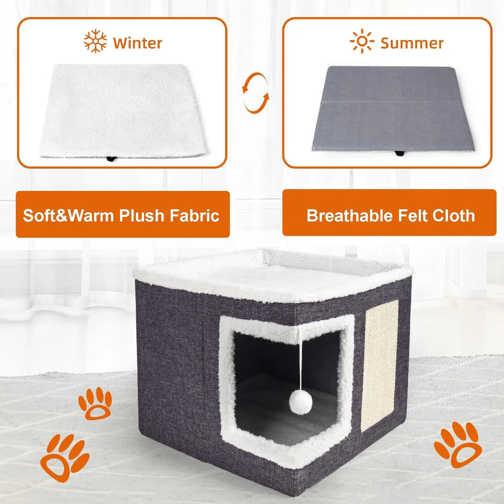 ECMIKK Cozy Plush Cat Condo with Hanging Ball and Scratching Posts - Comfortable Pet Furniture for Cats and Dogs