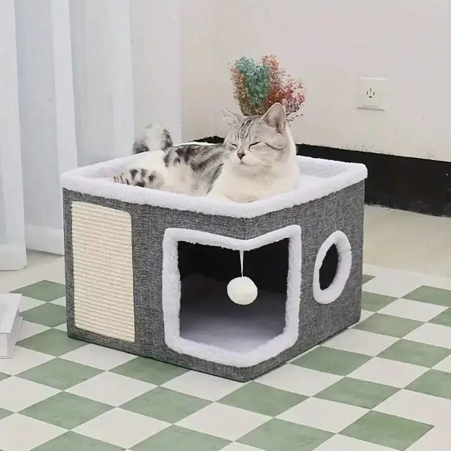 ECMIKK Cozy Plush Cat Condo with Hanging Ball and Scratching Posts - Comfortable Pet Furniture for Cats and Dogs