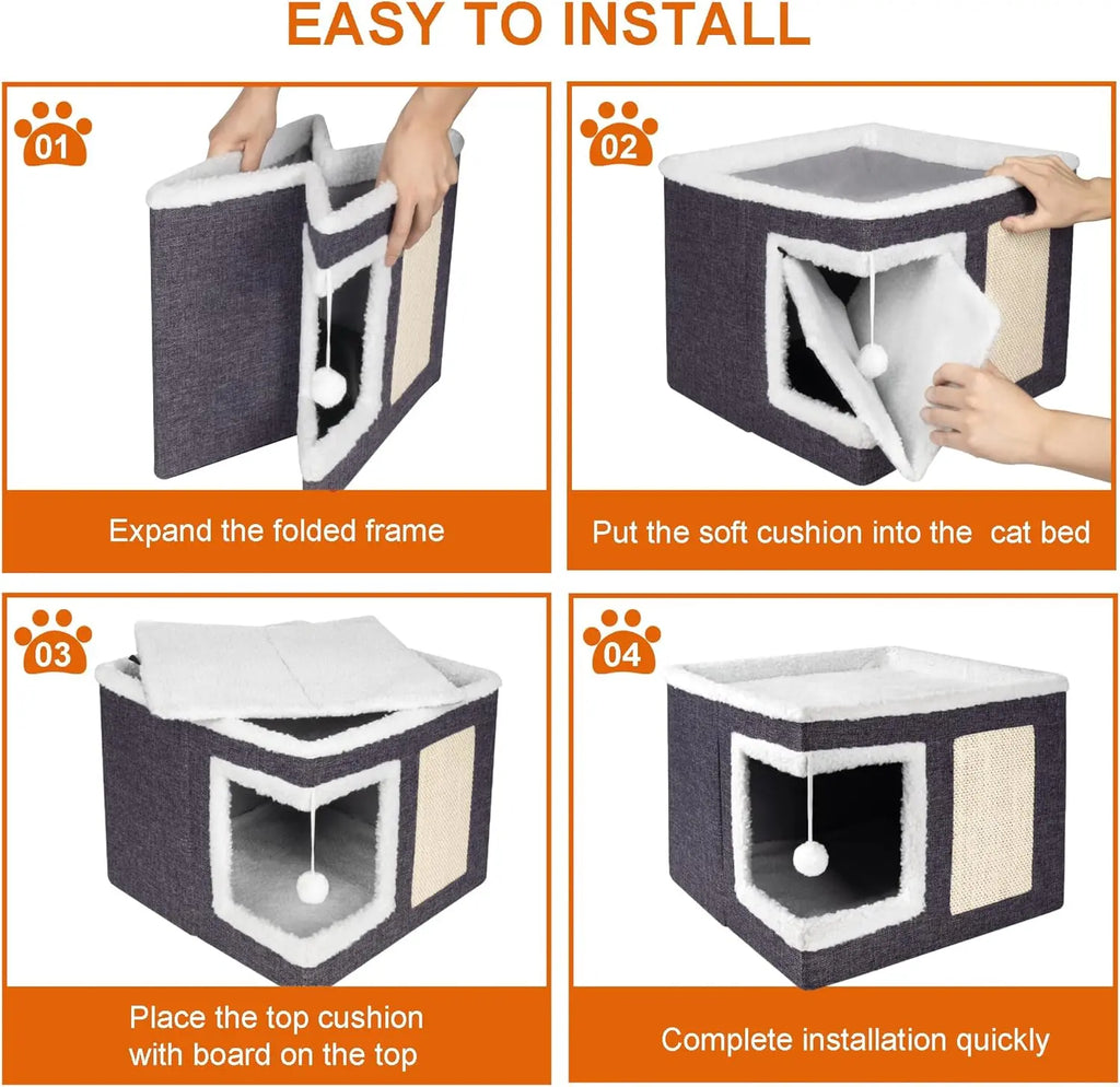 ECMIKK Cozy Plush Cat Condo with Hanging Ball and Scratching Posts - Comfortable Pet Furniture for Cats and Dogs