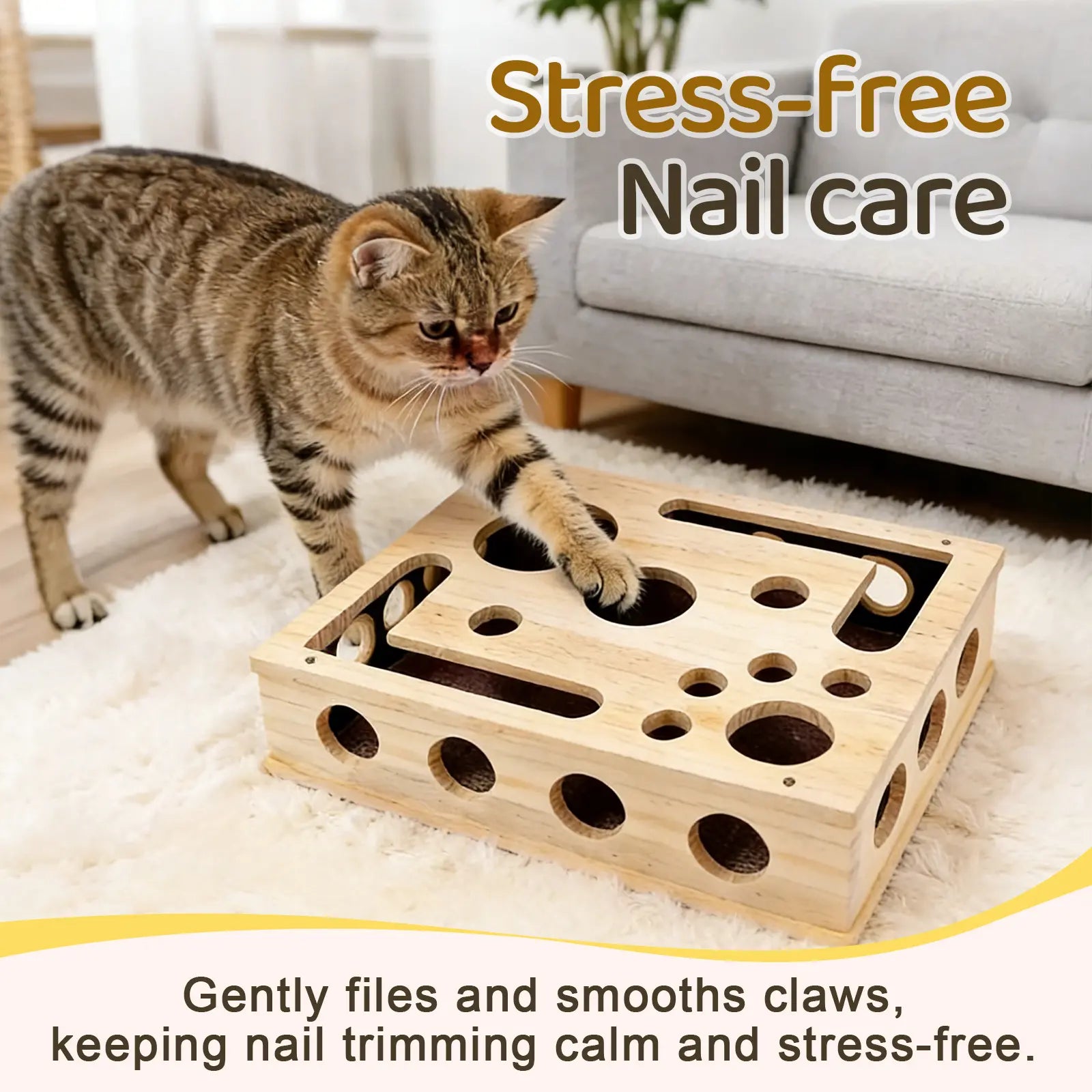 Cat Nail File Box Made from 100% Genuine Oak Wood - A Gentle Solution for Cats Anxious About Nail Clippers and Electric Grinders, Durable Furniture Protector and Engaging Enrichment Toy for Indoor and Multi-Cat Households